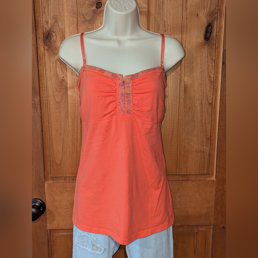 Bisou Bisou Orange Pink Ruched Tie Front Camisole